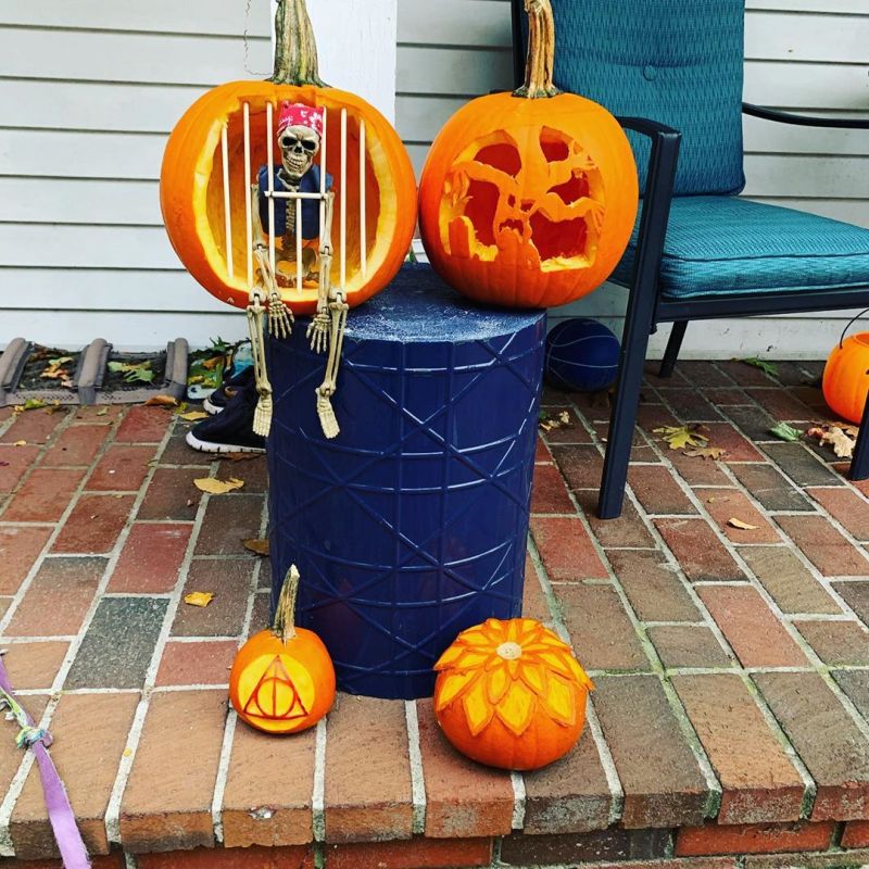Pumpkin Jail with skeleton carving pattern for Halloween 