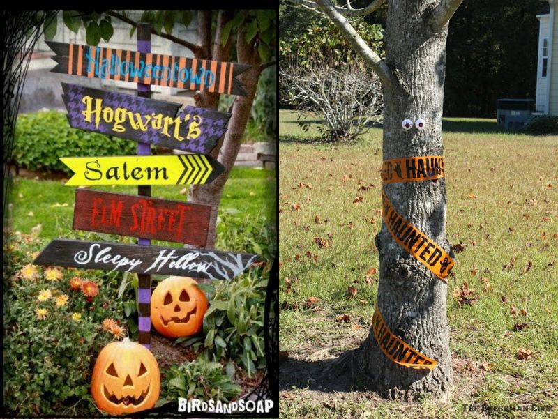 warning sign on tree for Halloween 