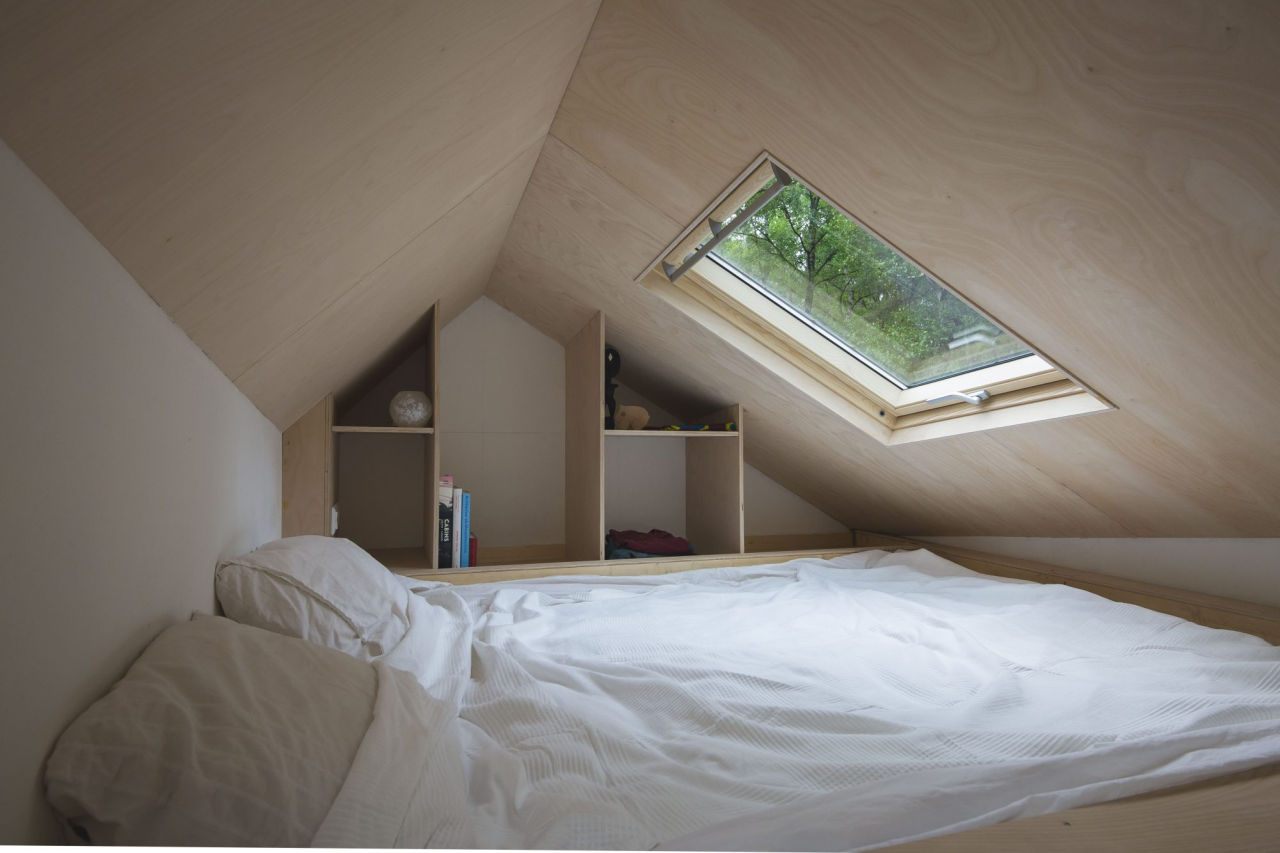 Marjolein’s Tiny House in Netherlands- loft with a skylight